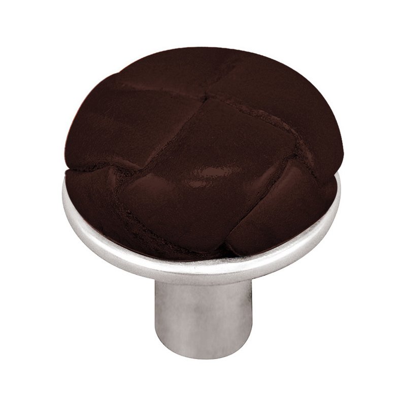1 1/8" Button Knob with Leather Insert in Polished Silver with Brown Leather Insert