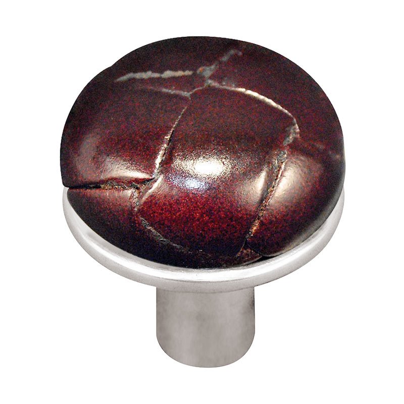 1 1/8" Button Knob with Leather Insert in Polished Silver with Cordovan Leather Insert
