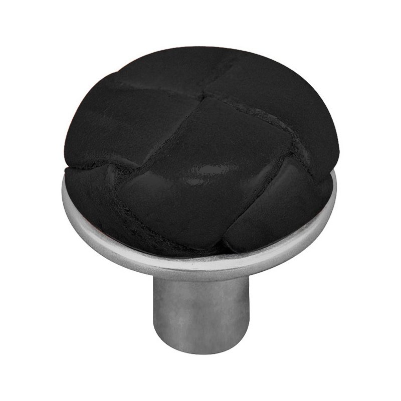 1 1/8" Button Knob with Leather Insert in Satin Nickel with Black Leather Insert