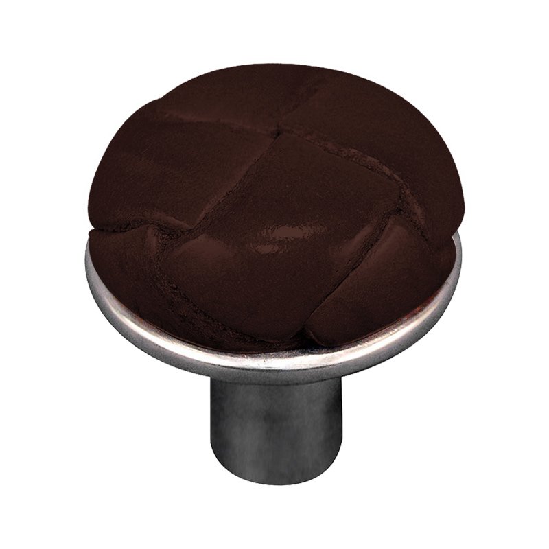 1 1/8" Button Knob with Leather Insert in Vintage Pewter with Brown Leather Insert