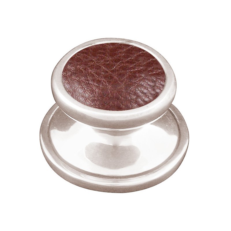 1" Knob with Insert in Polished Nickel with Brown Leather Insert