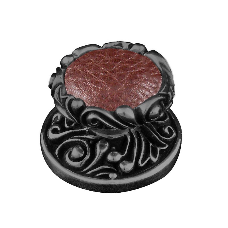1 1/4" Knob with Insert in Gunmetal with Brown Leather Insert