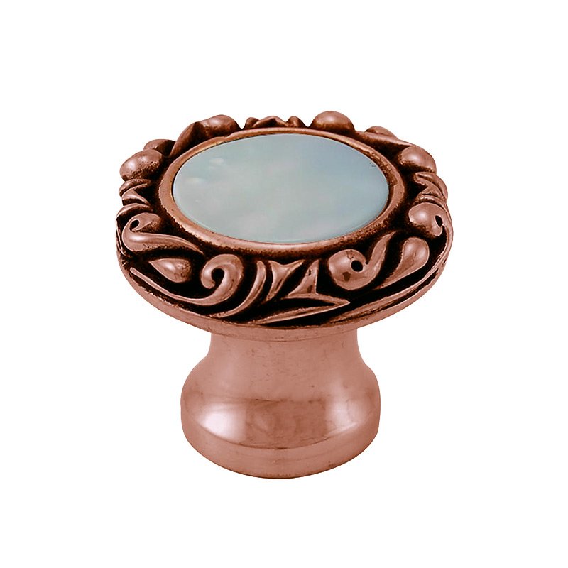 1" Round Knob with Small Base with Stone Insert in Antique Copper with Mother Of Pearl Insert