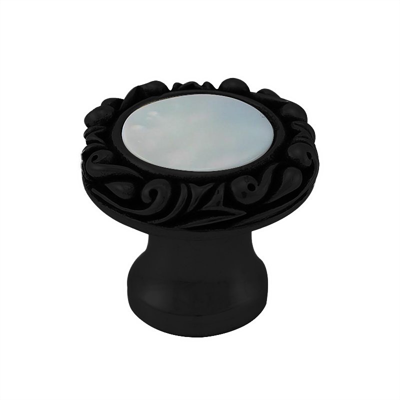 1" Round Knob with Small Base with Stone Insert in Oil Rubbed Bronze with Mother Of Pearl Insert