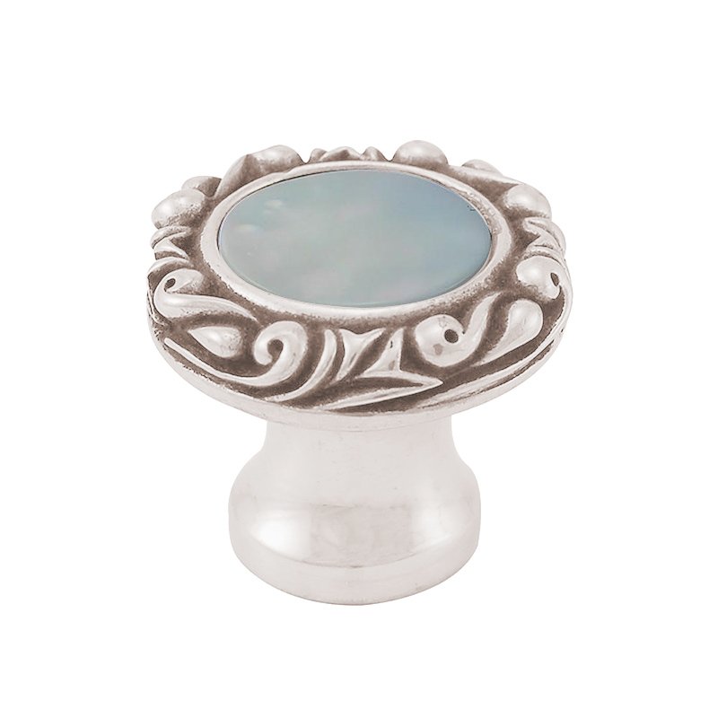 1" Round Knob with Small Base with Stone Insert in Polished Nickel with Mother Of Pearl Insert