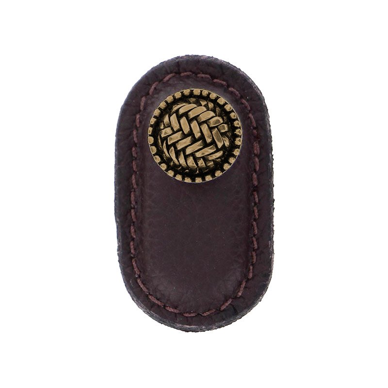 Leather Collection Cestino Knob in Brown Leather in Antique Brass