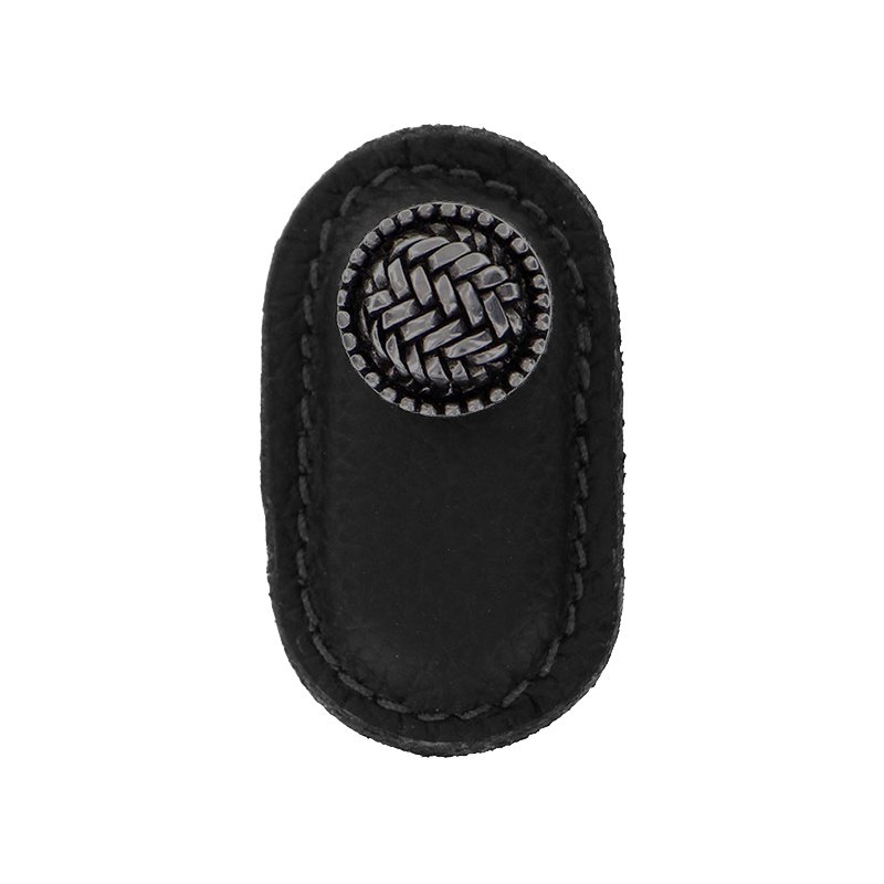 Leather Collection Cestino Knob in Black Leather in Gunmetal