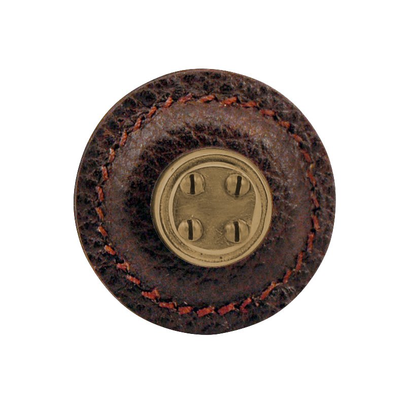 1 1/4" Round Nail Head Knob with Leather Insert in Antique Brass with Brown Leather Insert