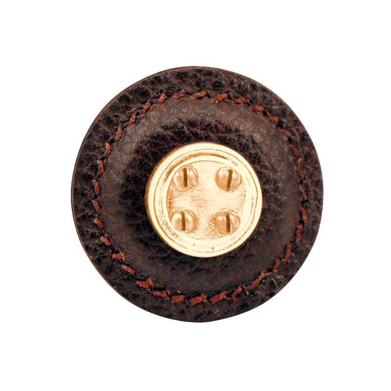 1 1/4" Round Nail Head Knob with Leather Insert in Polished Gold with Brown Leather Insert