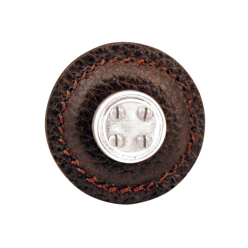 1 1/4" Round Nail Head Knob with Leather Insert in Polished Nickel with Brown Leather Insert
