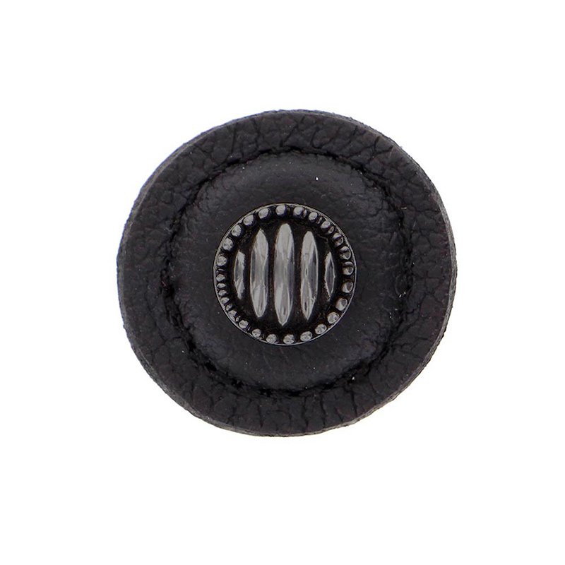 1 1/4" Round Lines and Dots Knob with Leather Insert in Gunmetal with Black Leather Insert