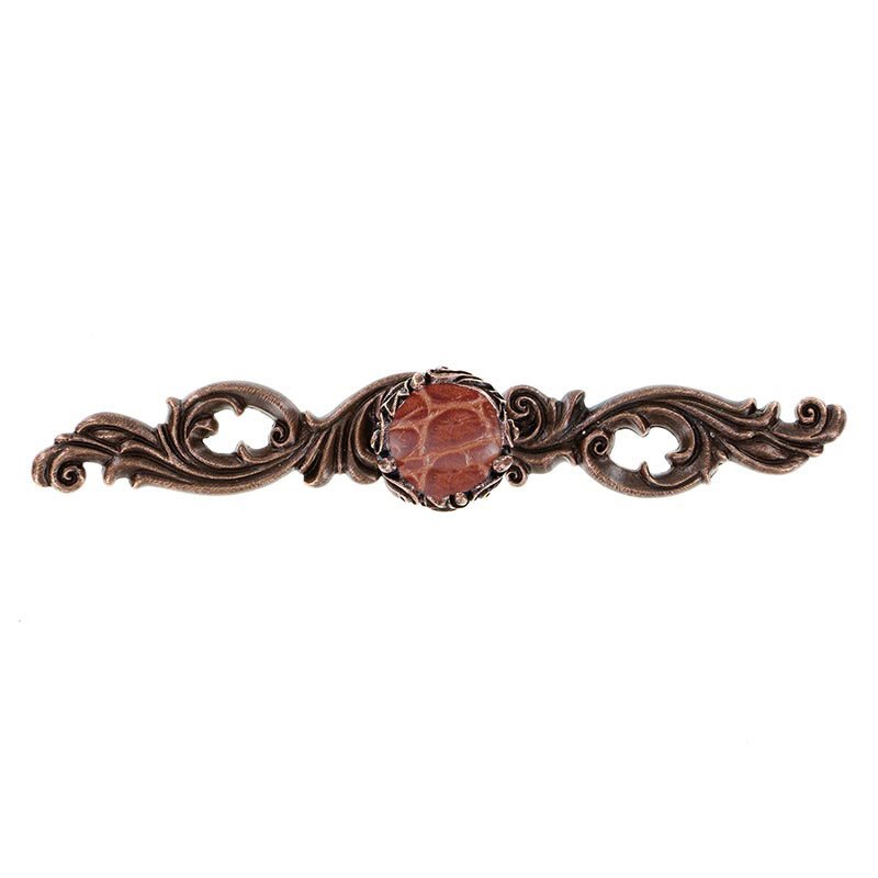 Viola with Brown Pebble Leather Insert Knob with Decorative Backplate in Antique Copper