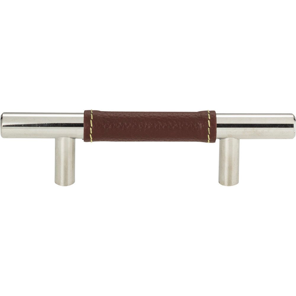 3" Centers European Bar Pull in Brown Leather and Polished Chrome