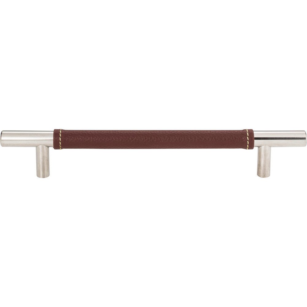 6 1/4" Centers European Bar Pull in Brown Leather and Polished Chrome