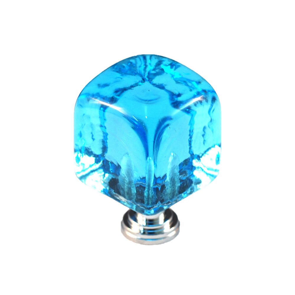 Large Colored Cube in Marine Blue Glass with Polished Chrome Base