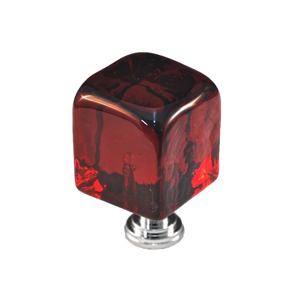 Large Colored Cube in Red Glass with Polished Chrome Base