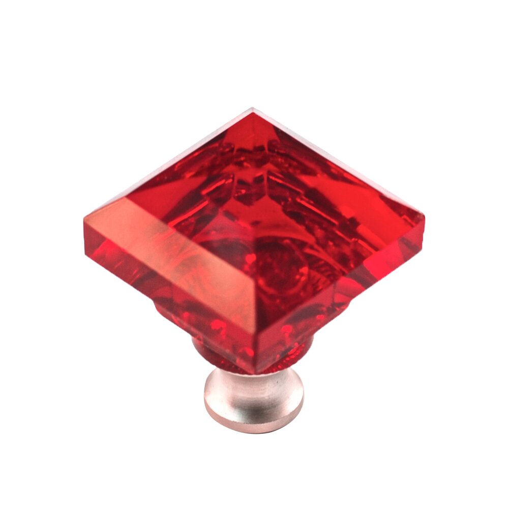 Beveled Square Colored Knob in Red in Satin Nickel