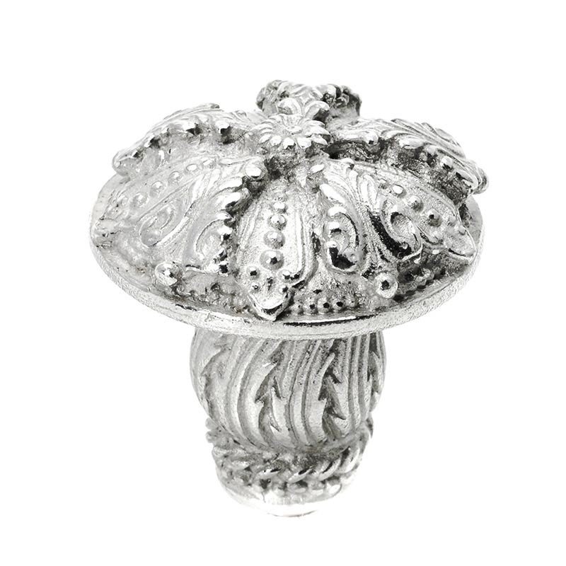 1 1/2" Diameter Large Renaissance Style Knob with Feather Scroll Base in Platinum