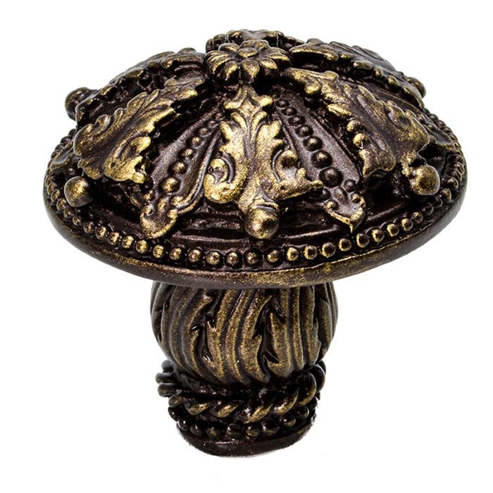1 1/2" Diameter Large Renaissance Style Knob with Feather Scroll Base in Antique Brass