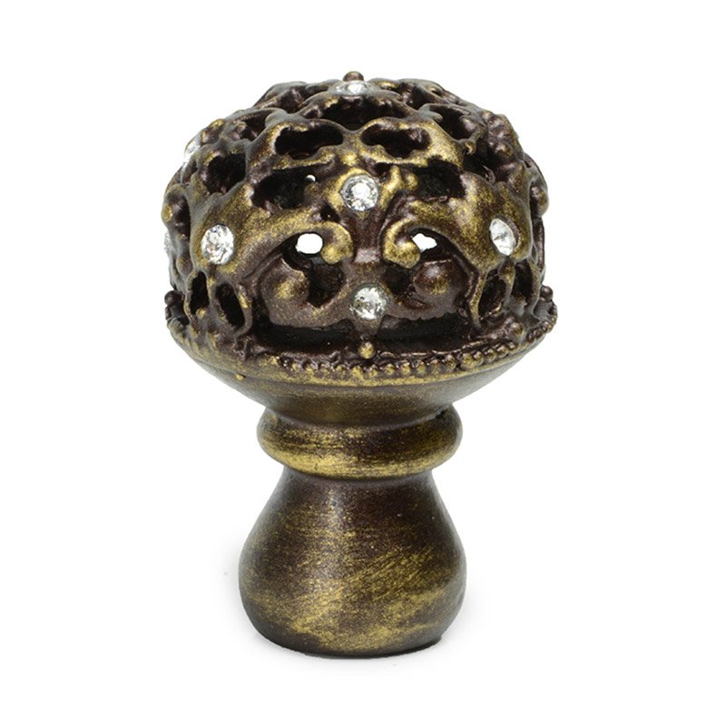 1 1/4" Diameter Medium Knob Full Round with 13 Swarovski Elements in Antique Brass with Crystal