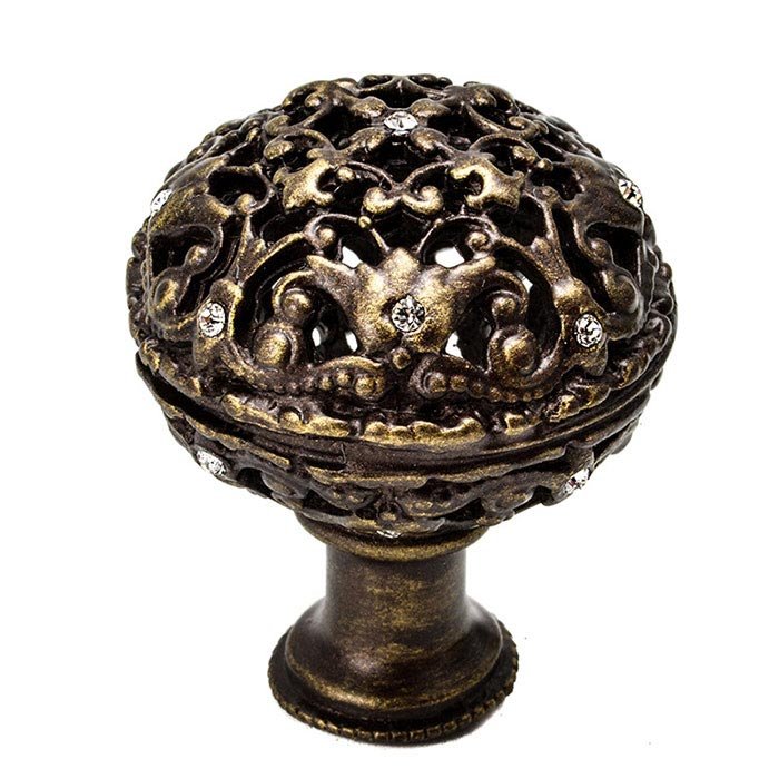 1 1/2" Diameter Large Knob Full Round with 17 Swarovski Elements in Antique Brass with Crystal