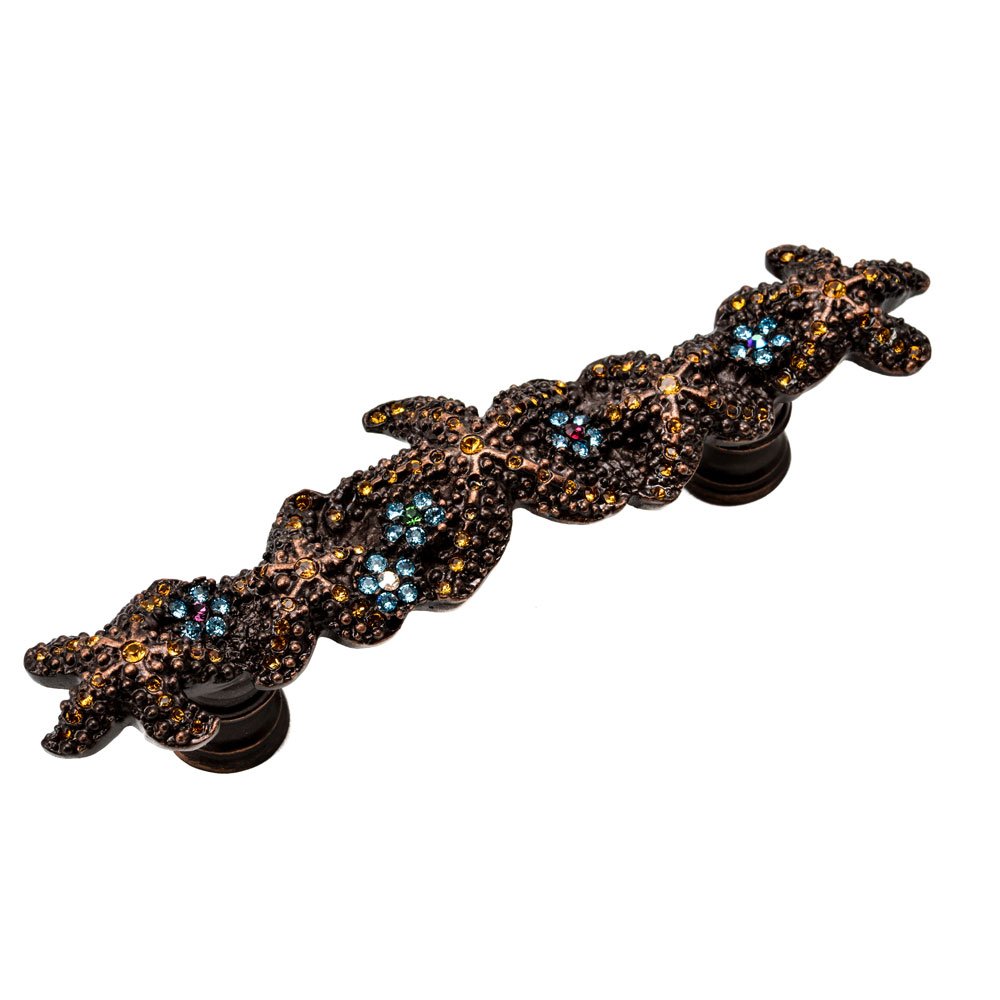 Starfish & Sea Anemones 3" Centers Pull With Swarovski Crystals & Classic Feet in Bronze with Aquamarine