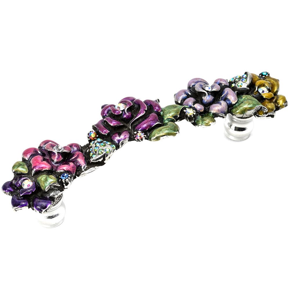 Rose 4" Centers Pull With Swarovski Crystals & Multicolored Glazed Roses in Antique Brass with Aurora Borealis
