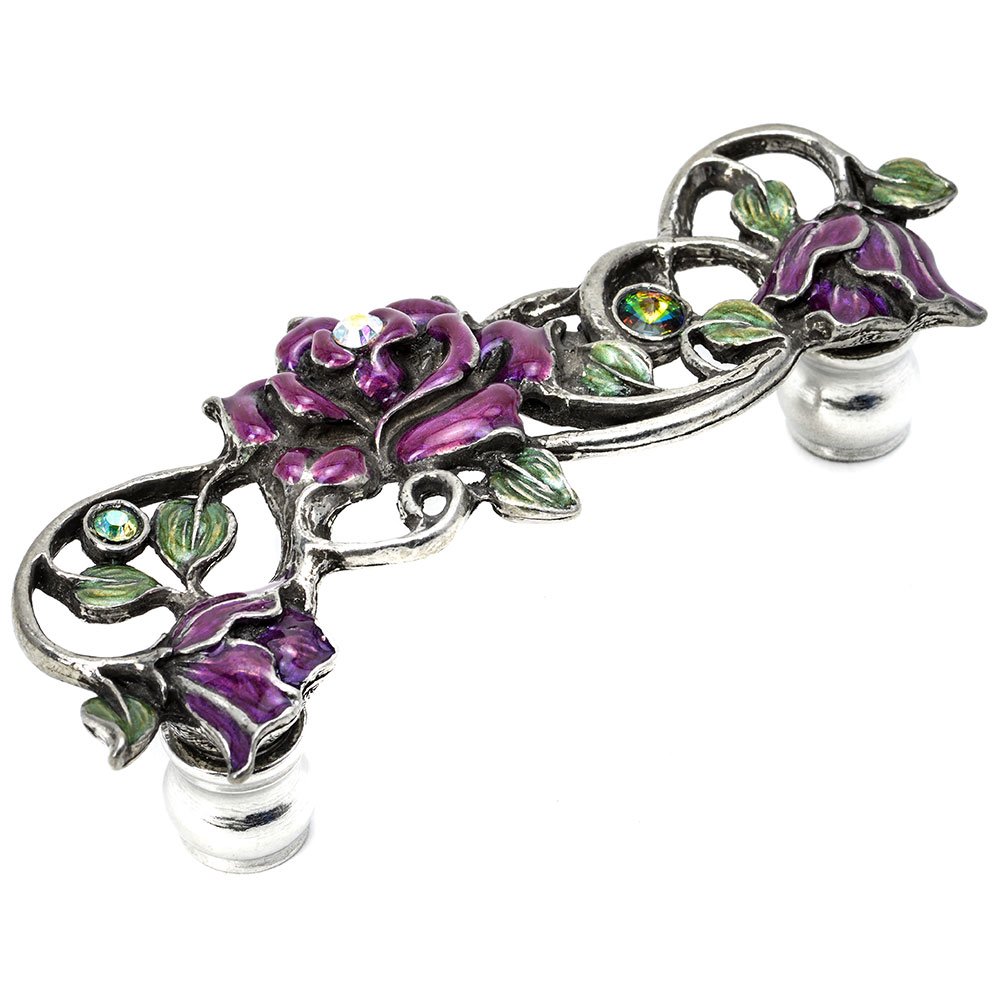 Rose 3" Centers Pull With Swarovski Crystals & Radiant Orchid Glaze in Satin with Topaz Cluster