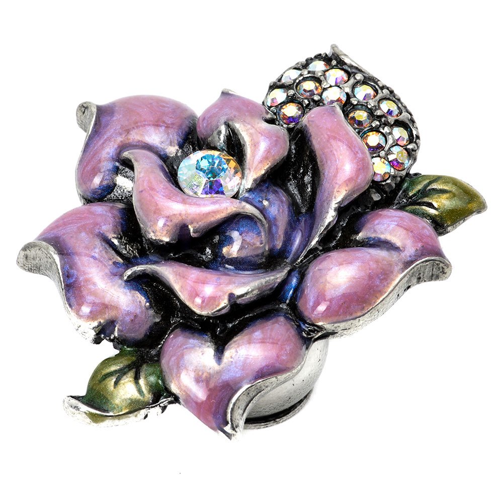 Large Rose Knob With Swarovski Crystals & Soft Lavender Glaze in Antique Brass with Aurora Borealis