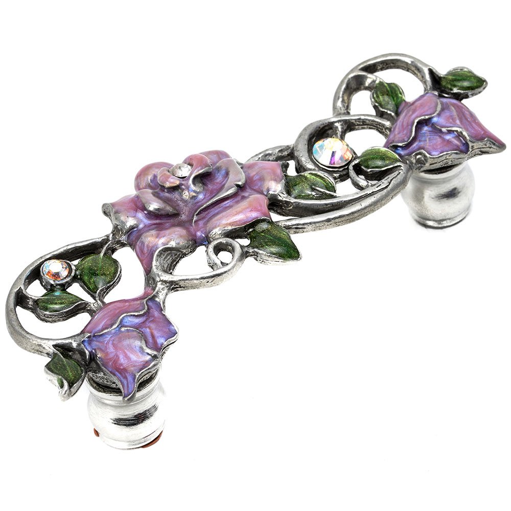 Rose 3" Centers Pull With Swarovski Crystals & Soft Lavender Glaze in Satin Gold with Aurora Cluster