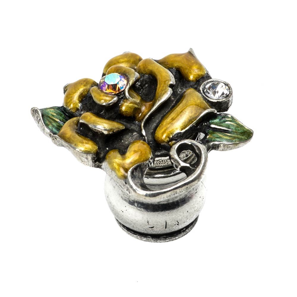 Rose & Leaf Knob W/ Swarovski Clear Crystals & Golden Bliss Glaze in Antique Brass with Aquamarine