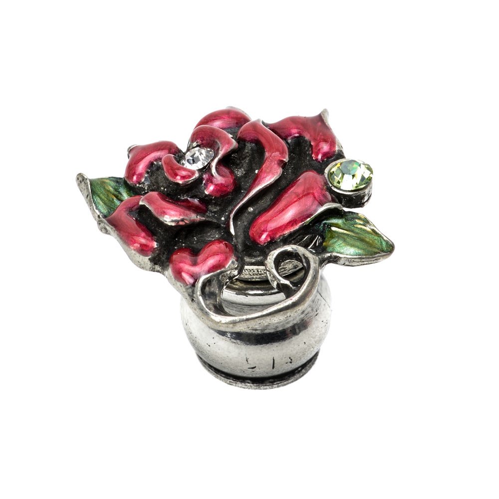 Rose & Leaf Knob W/ Swarovski Clear Crystals & Ruby Red Glaze in Bronze with Jet