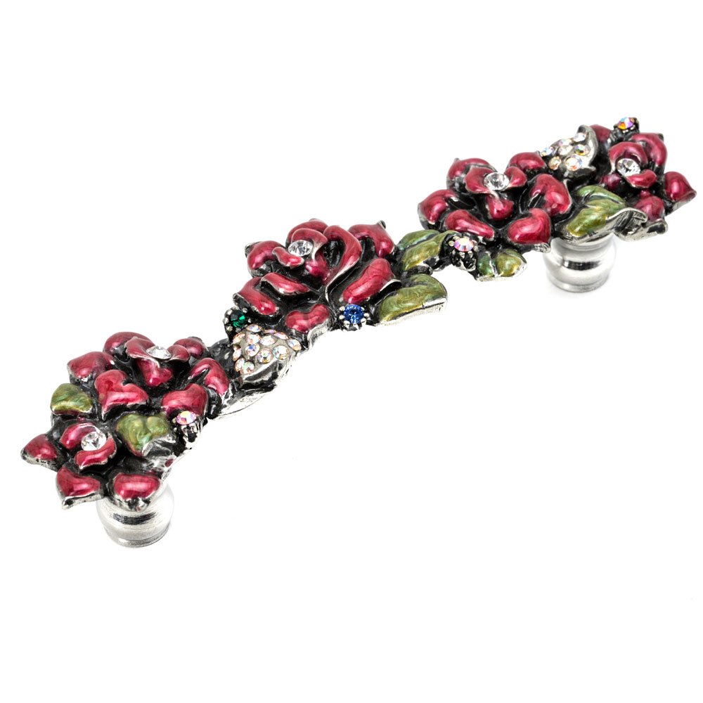 Rose 4" Centers Pull W/ Swarovski Clear Crystals & Raspberry Glaze in Jet with Crystal