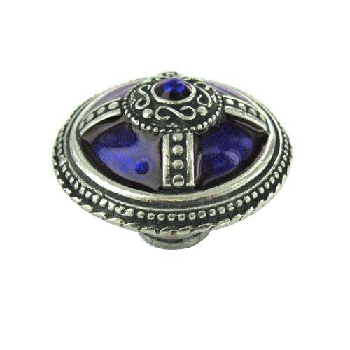 Large Round Knob in Antique Brass with Blue Rose Opal Glaze
