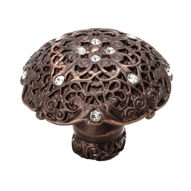 1 9/16" Diameter Large Round Knob with Swarovski Elements in Antique Brass with Crystal