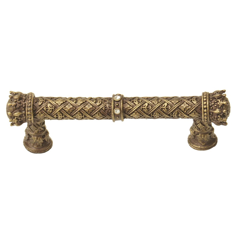 Queen Anne 4" Centers Pull With Swarovski Crystals in Antique Brass with Crystal