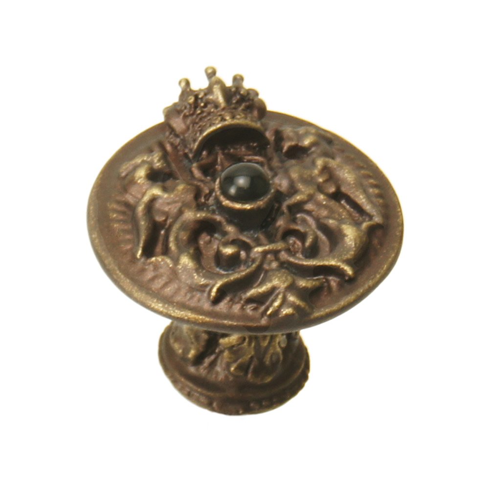 King George Shield Knob With Onyx Stone in Antique Brass