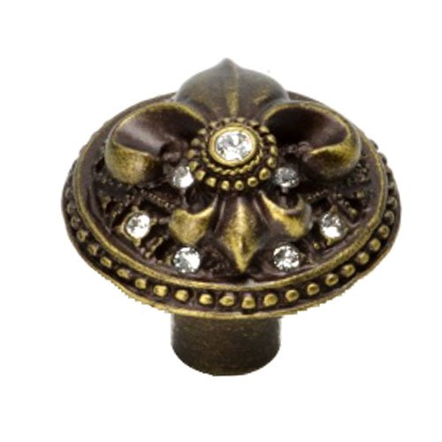 Large Round Knob Fleur De Lys With Swarovski Crystals in Antique Brass with Clear and Aurora Borealis