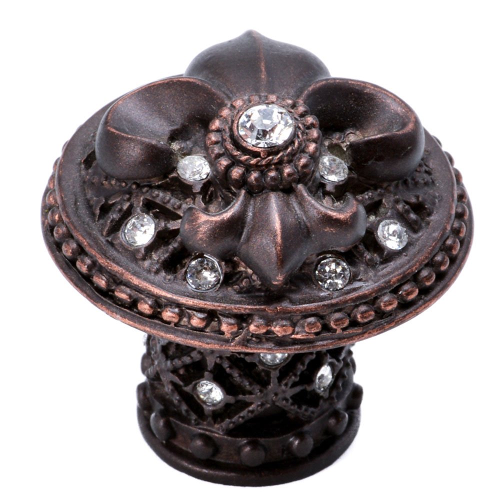 Large Round Knob Fleur De Lys Decorative Column Foot With Swarovski Crystals in Antique Brass with Crystal