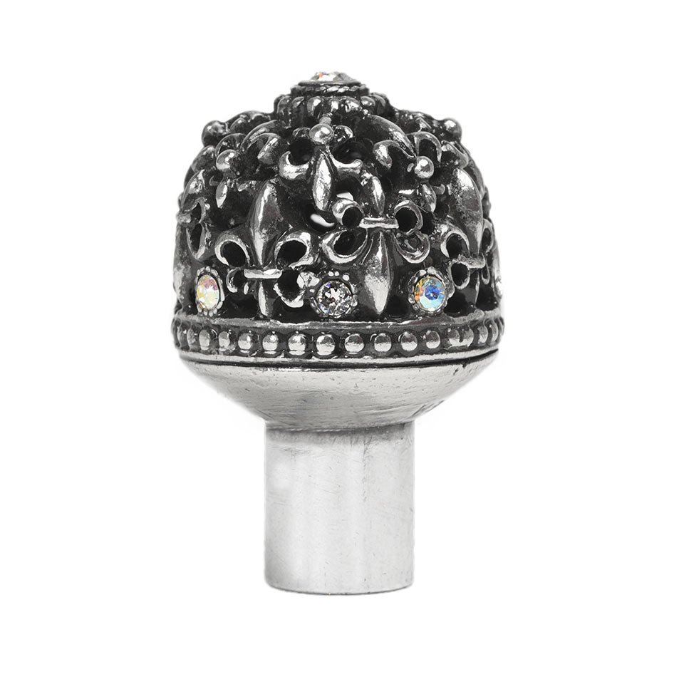 Medium Round Knob Fleur De Lys Open Basket With Swarovski Crystals in Antique Brass with Crystal