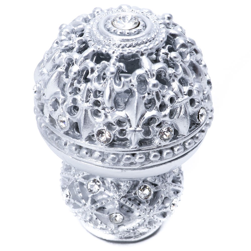 Large Round Knob Fleur De Lys Open Basket Decorative Spherical Foot With Swarovski Crystals in Satin with Aurora Borealis