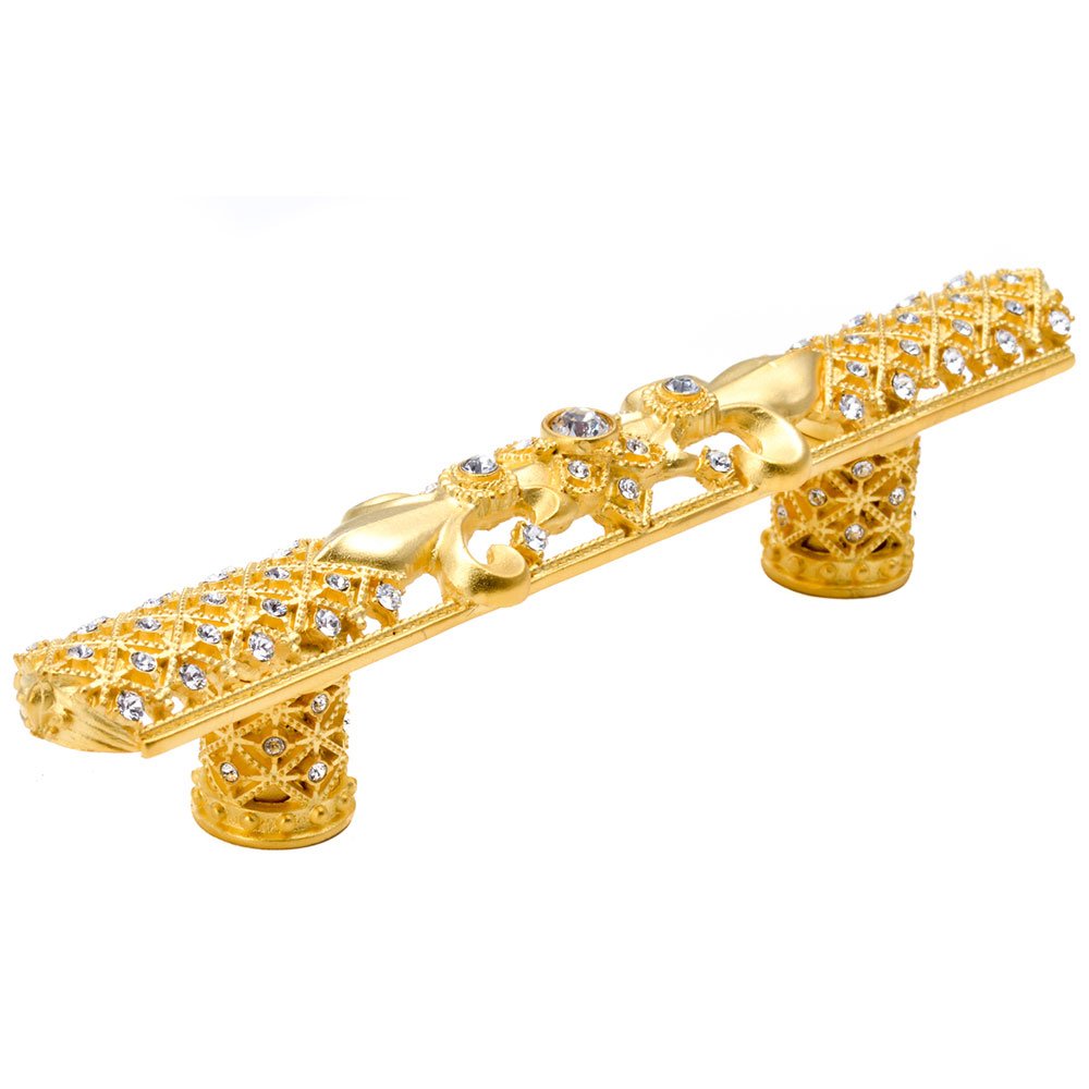 4" Centers Large Pull Fleur De Lys With Swarovski Crystals And Decorative Column Feet in Satin Gold with Crystal