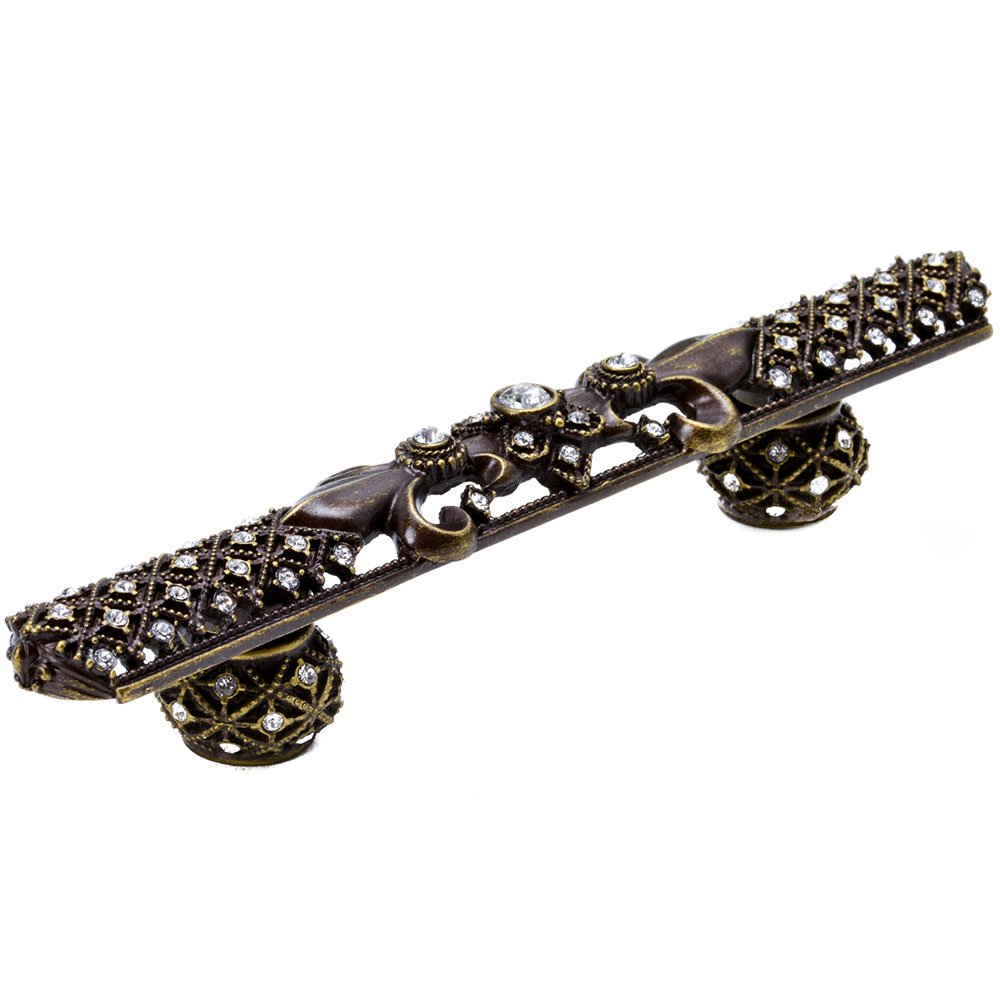 4" Centers Large Pull Fleur De Lys With Swarovski Crystals And Decorative Spherical Feet in Bronze with Aurora Borealis