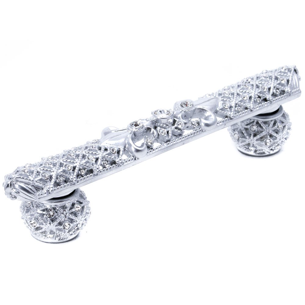 4" Centers Small Pull Fleur De Lys With Swarovski Crystals And Decorative Spherical Feet in Jet with Crystal