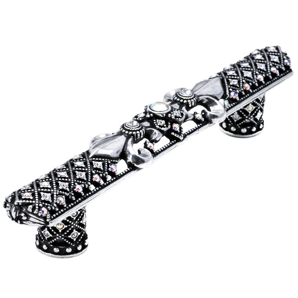 5" Centers Large Pull Fleur De Lys With Swarovski Crystals And Decorative Column Feet in Chrysalis with Aurora Borealis