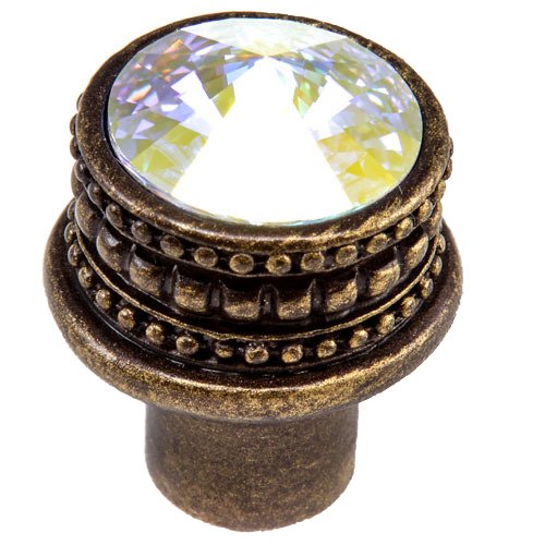 1" Medium Round Knob with 18mm Swarovski Elements in Antique Brass with Aurora Borealis