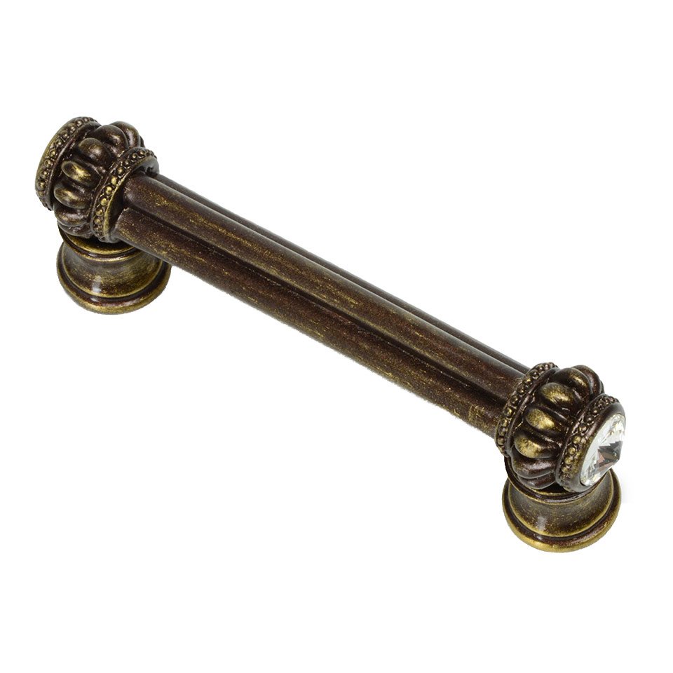 Double 3" Centers Pull With Flared Foot With 2 Rivoli Swarovski Crystals In Antique Brass