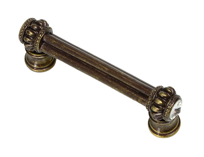 Double 3" Centers Pull With Flared Foot With 2 Rivoli Swarovski Crystals In Antique Brass
