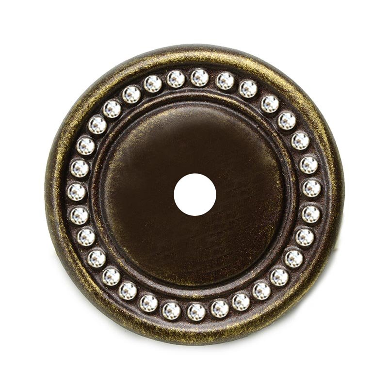 1 1/2" Cache Knob Backplate with Swarovski Crystals in Antique Brass with Aurora Borealis Crystal