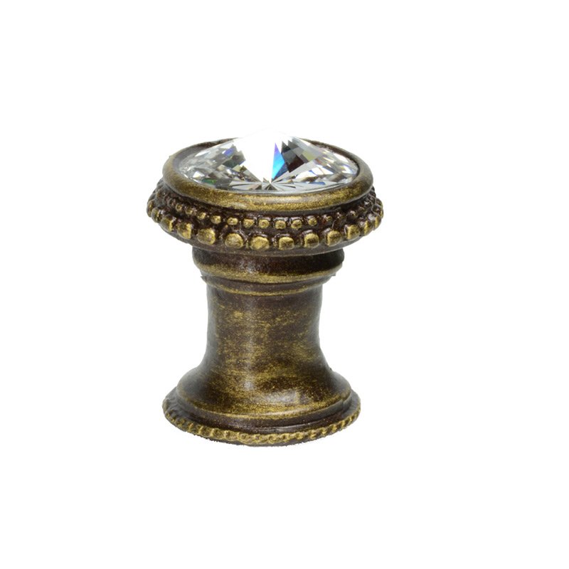 15/16" Diameter Knob With 18mm Rivoli Swarovski Crystal in Antique Brass with Crystal